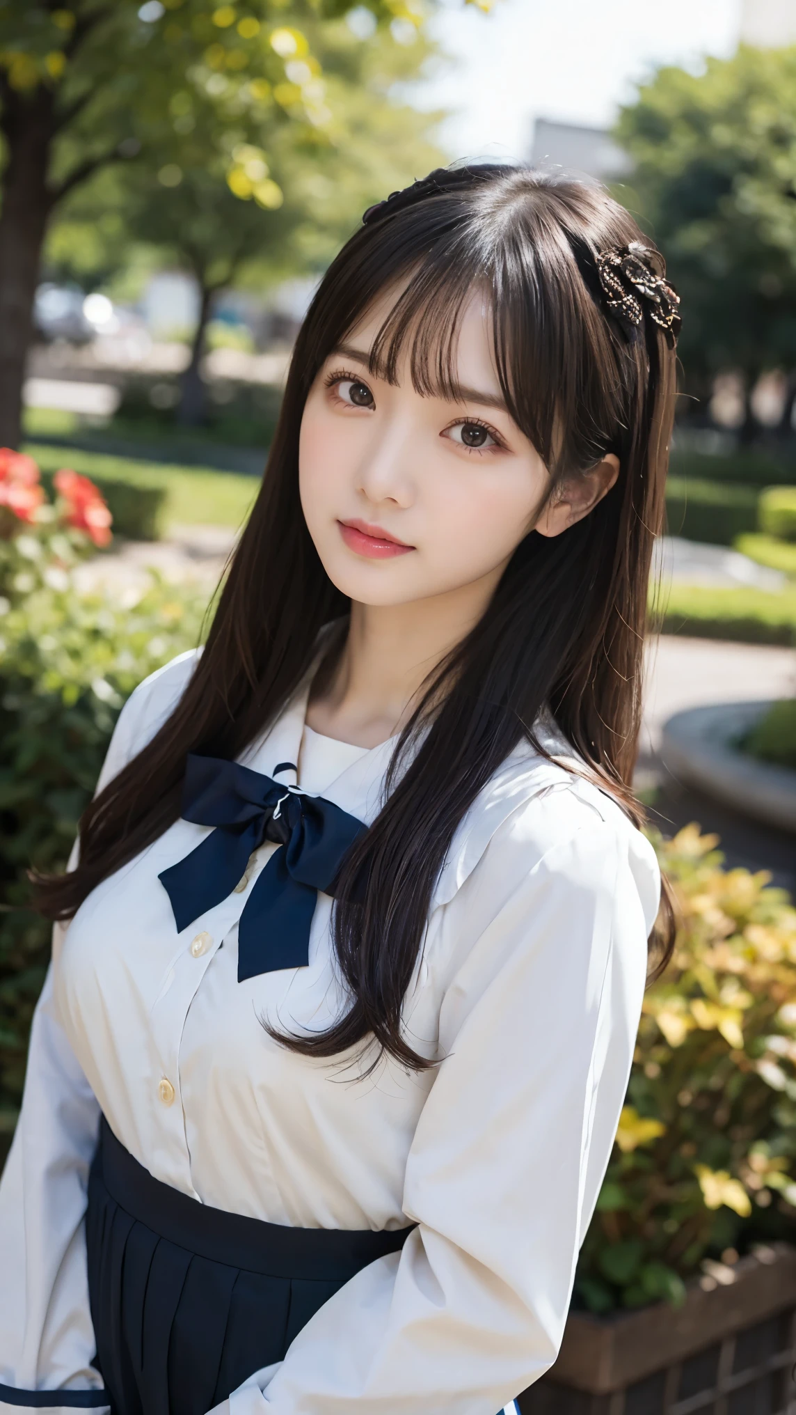  Japanese woman like an idol ,Long Hair , straight hair, Round face , bust up ,  sailor suit ,  as in the picture  ,  masterpiece, Best Quality,  1 girl, Nogizaka_ costume,  cowboy shot, Thighs,  beautiful girl, flower, 小さなflowerびらがたくさん, garden, Blue Sky,  watching viewers , small waist,  official art,  RAW Photos, 非常に high resolution on down,  face light,  Dynamic Lighting ,  Movie Lighting,  Surreal ,  high resolution on down, photo shoot,  sharp concentration, Highest detail, Extremely detailed, Super detailed, Detailed, huge breasts, Highly Detailed Eyes and Faces 