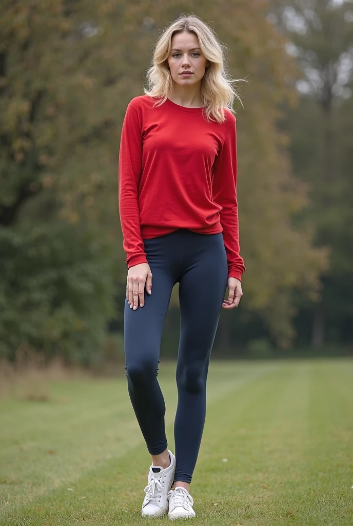 25-year-old blonde woman, blue eyes, bun hairdo, perfect body, huge tits, she is dressed in a red tank top and very short, tight pants, she is wearing knee-high socks, she is standing in a park on the grass , he has his hands...