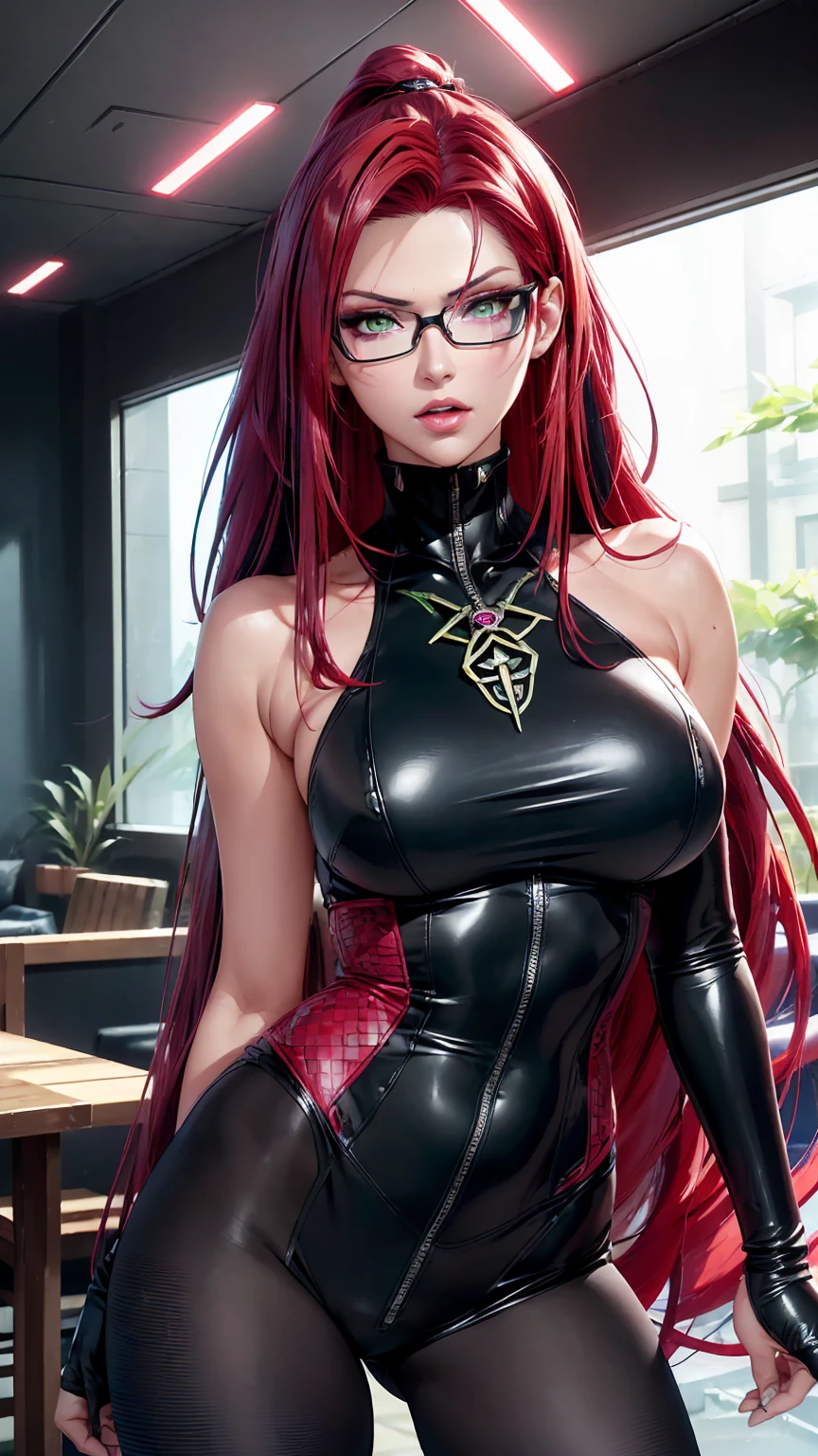 in cyberpunk city, cyberpunk photo, cyberpunk 2 0 y. o model girl, in a futuristic cyberpunk city, female, in a cyberpunk city, cyberpunk beautiful girl, in cyberpunk style, cyberpunk girl, futuristic cyberpunk tokyo night, at cyberpunk city, (tmasterpiece、4k resolution、ultra-realistic realism、The is very detailed), "Full and juicy lips, mesmerizing wide eyes, a defined jawline, and high cheekbones. A perfectly symmetrical face with distinct features.", wearing glasses, Japaneses, Irelia from league of legends, red-haired