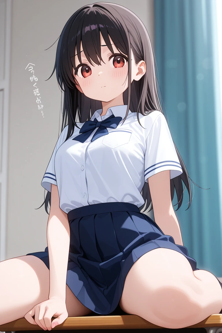 yukimi, 10., long hair, dull bangs, flat chest, No expression, shy, whole body, highest quality, (randoseru backpack:1.4), school classroom、In underwear、angle from below、kneel down、(small area white panties:1.4)、(masturbation:1.4)、(put your hand inside your pants:1.4)、Striped pattern、embarrassing、Transparent、