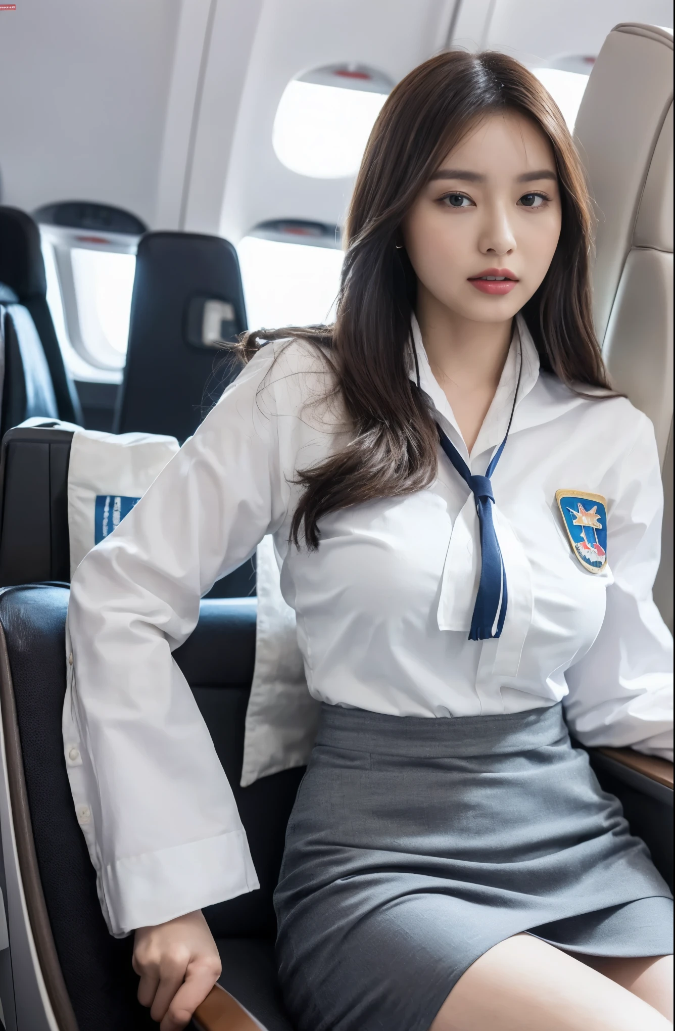 highest quality, masterpiece, 8k, Ultra-high resolution, (Realistic: 1.4), 1 girl, Beautiful Face, Symmetrical eyes, big, Perfect Body Proportions, Stewardess Uniform, Audience&#39;sight, (Inside the plane: 1.2), Front view, Shoulder jumps, Absolute area (1.3),