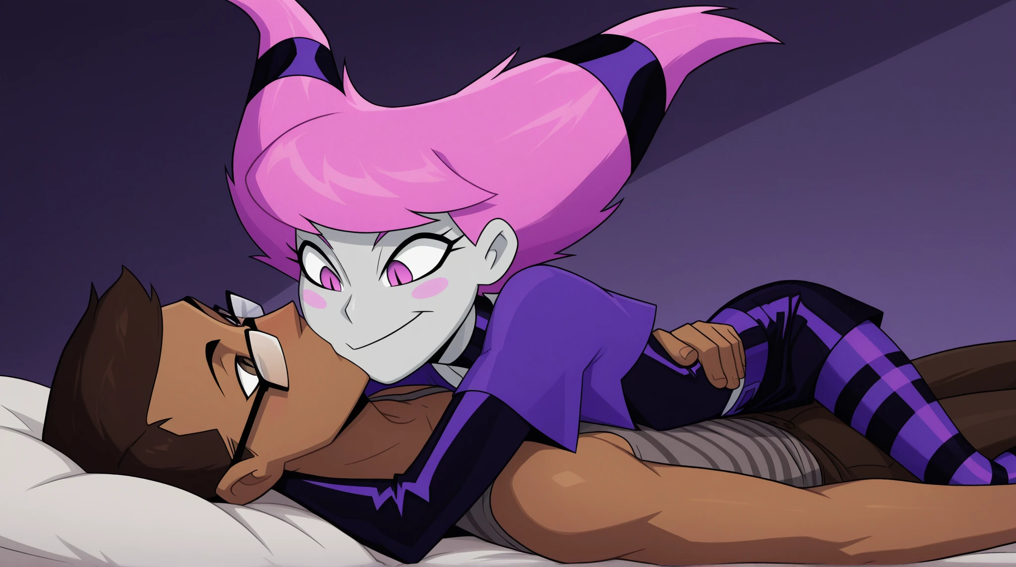 explicit, score_9, equestria_girls, cartoon, sunset_shimmer, starlight_glimmer, duo male, two girls and male pov, female, male, male pov, uncut flaccid penis, offscreen character, pov, View of the uncut flaccid penis in the pants and the girls located between the MC's crotch.