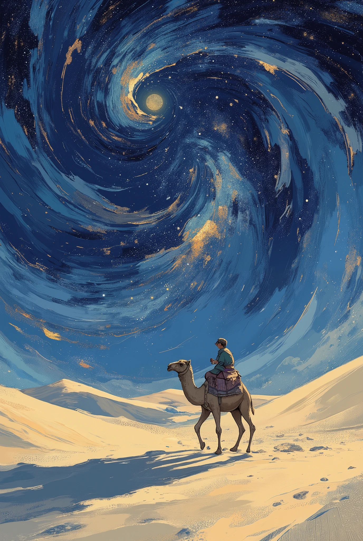 a lone camel walking across an alien desert with surreal-colored sand in shades of violet, teal, and gold, under a massive star-filled sky with twin moons and swirling nebulae, half-buried in the sand is a strange, ancient alien machine with glowing geometric patterns, curved metallic surfaces and faint energy pulses, the atmosphere is dreamlike and still, with strange rock formations and foreign constellations in the sky, highly detailed cinematic sci-fi illustration, surreal and otherworldly, soft lighting