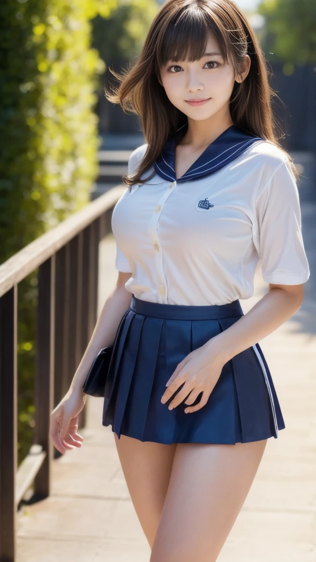 neat college girl, petite, (school uniform, summer clothes, short sleeves), outside the athletic field, (slim), photorealistic, detail, skin texture, ultra detail, delicate and sexy collarbone, smile, super detailed face, detailed lips, detailed eyes, breast emphasis