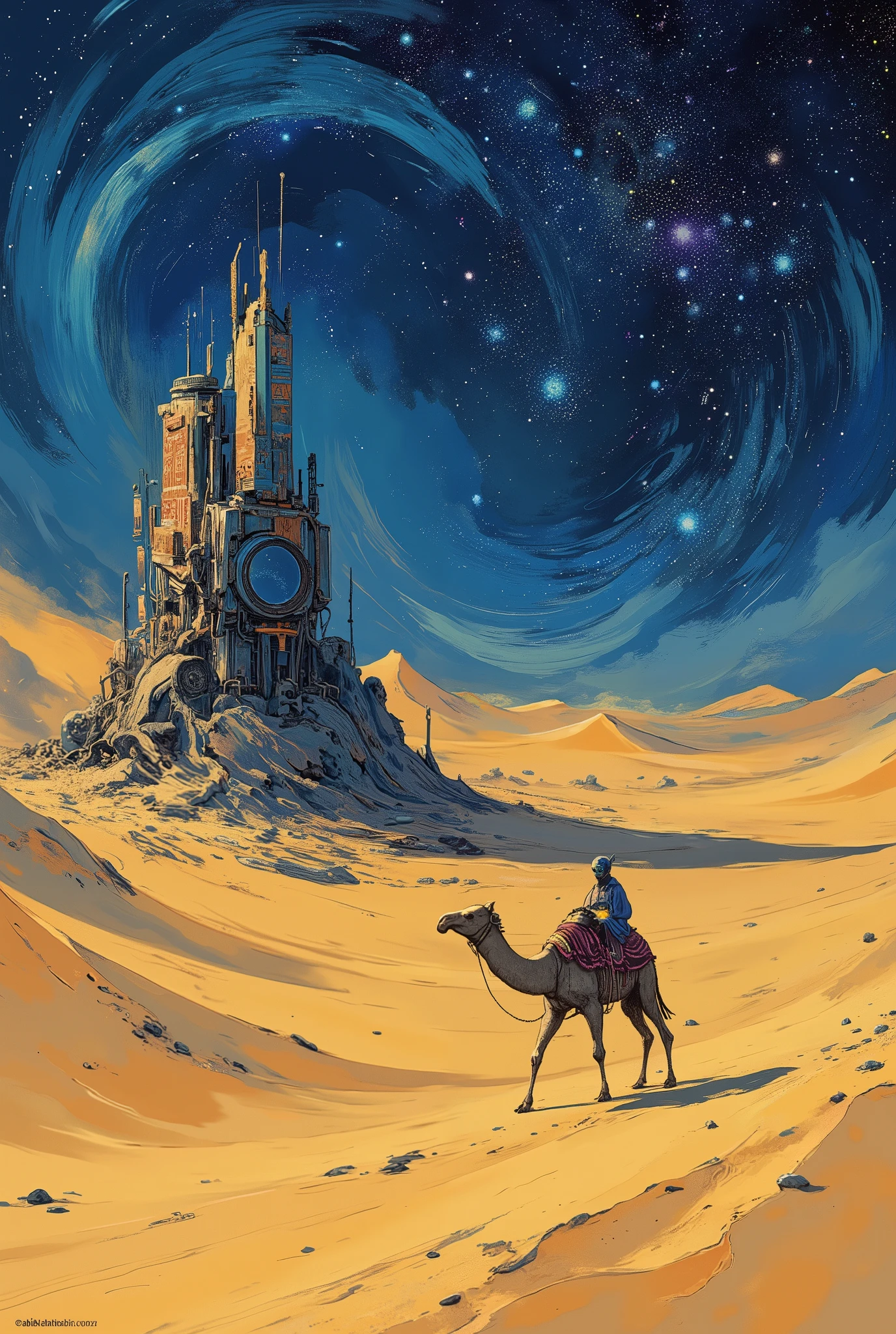 a lone camel walking across an alien desert with surreal-colored sand in shades of violet, teal, and gold, under a massive star-filled sky with twin moons and swirling nebulae, half-buried in the sand is a strange, ancient alien machine with glowing geometric patterns, curved metallic surfaces and faint energy pulses, the atmosphere is dreamlike and still, with strange rock formations and foreign constellations in the sky, highly detailed cinematic sci-fi illustration, surreal and otherworldly, soft lighting