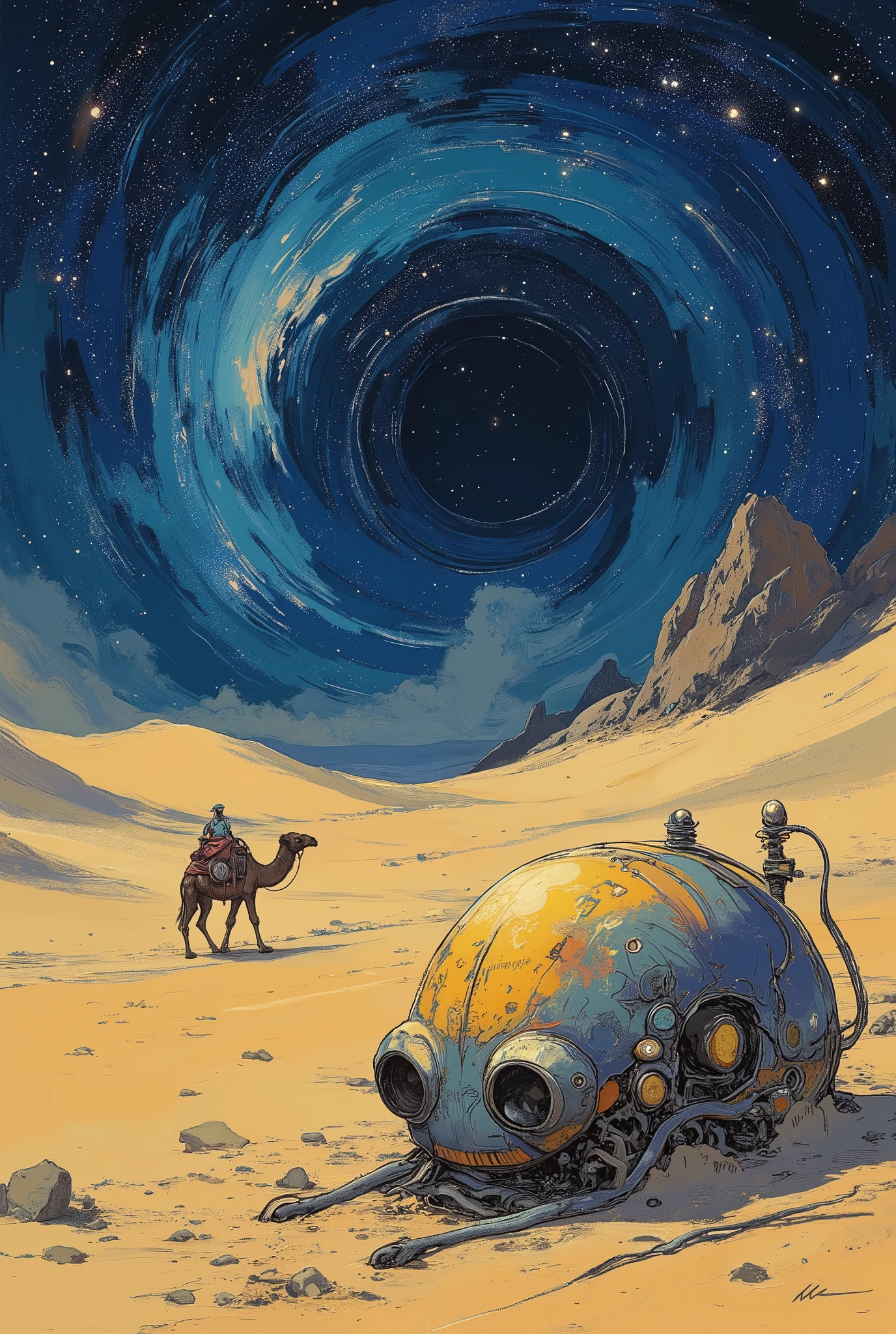 a lone camel walking across an alien desert with surreal-colored sand in shades of violet, teal, and gold, under a massive star-filled sky with twin moons and swirling nebulae, half-buried in the sand is a strange, ancient alien machine with glowing geometric patterns, curved metallic surfaces and faint energy pulses, the atmosphere is dreamlike and still, with strange rock formations and foreign constellations in the sky, highly detailed cinematic sci-fi illustration, surreal and otherworldly, soft lighting