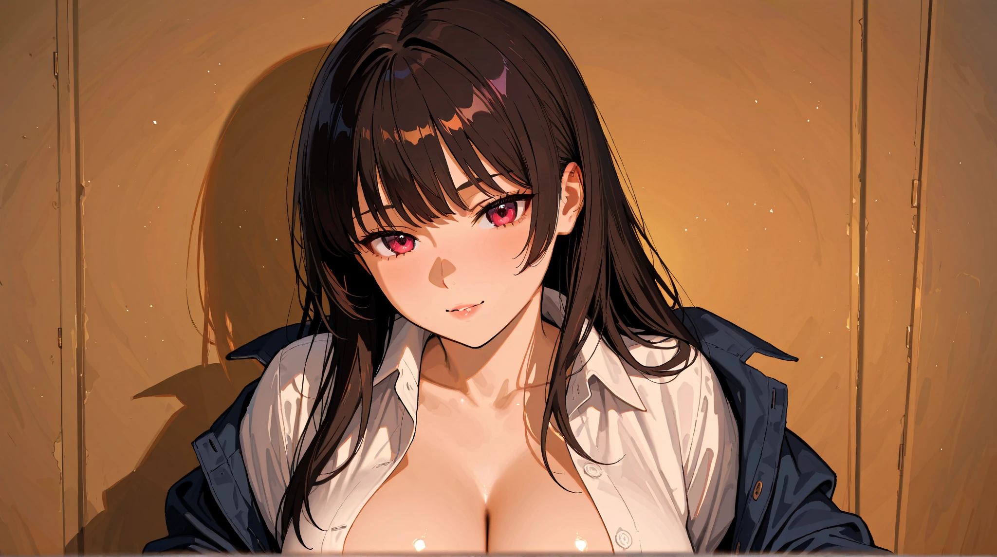 A 15-year-old super beautiful young lady with long black hair(1 person) Wearing a super shiny baseball grand coat and exposing her nipples