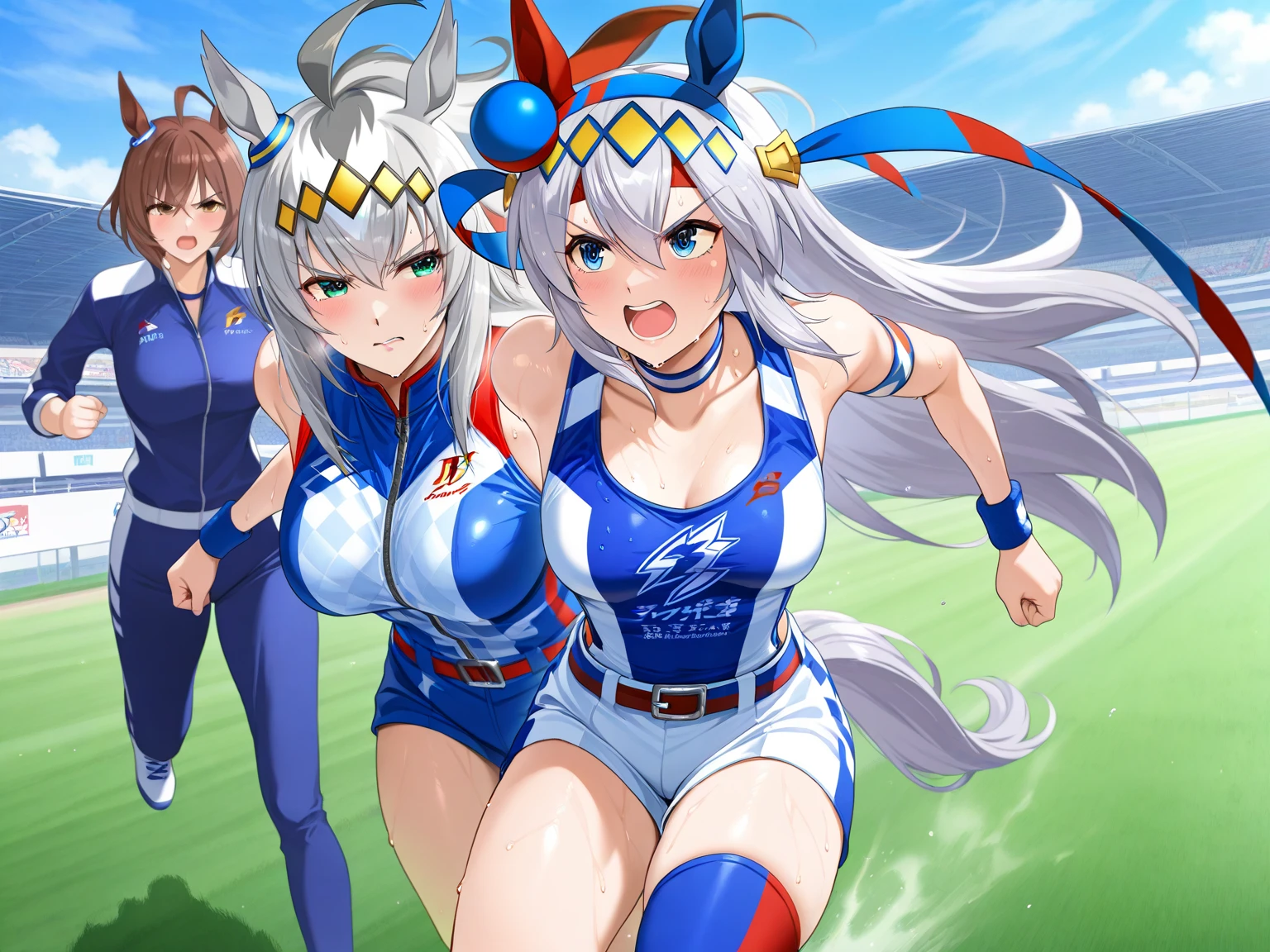 2 girls,Long white hair,Track and field suitarefoot,Extremely huge,Inside the stadium,sweat profusely,busty figure,Thigh thick