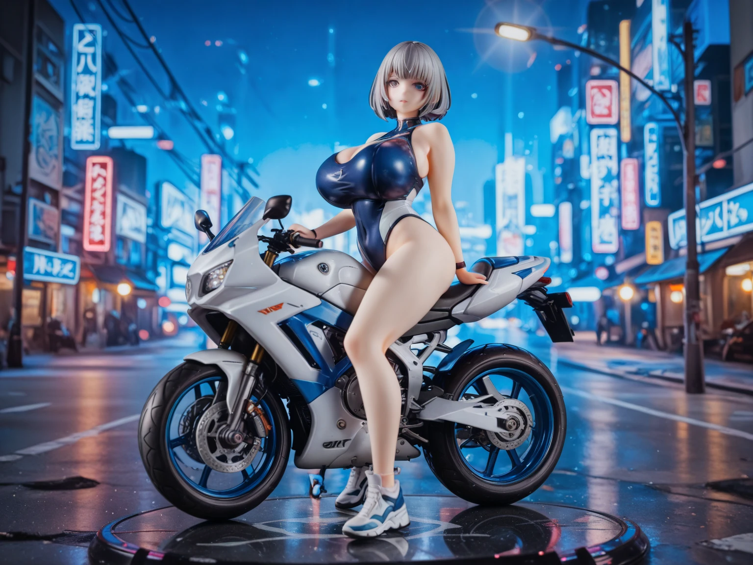 (perfect anatomy), (Fully detailed depiction), ((1 screen,Dynamic Angle)), ((Large Motorcycle(YAMAHA MT-10, dark purple body color)of(1 Woman Driving)))), (((Dark blue high leg bikini:1.5))), (Hanging eyes:1.4), (very short bob hair,bangs), short handbag, short boots, (Driving on the Miura Coast Road at sunset), (The waves are beautiful), ((One square headlight)), ((One turn signal on the left and one on the right)), ((Mirrors: one on each side)), ((Left and right handles of grip)), Light leakage, Surroundings, Bold colors, (((Speed,Expressing a sense of speed)))