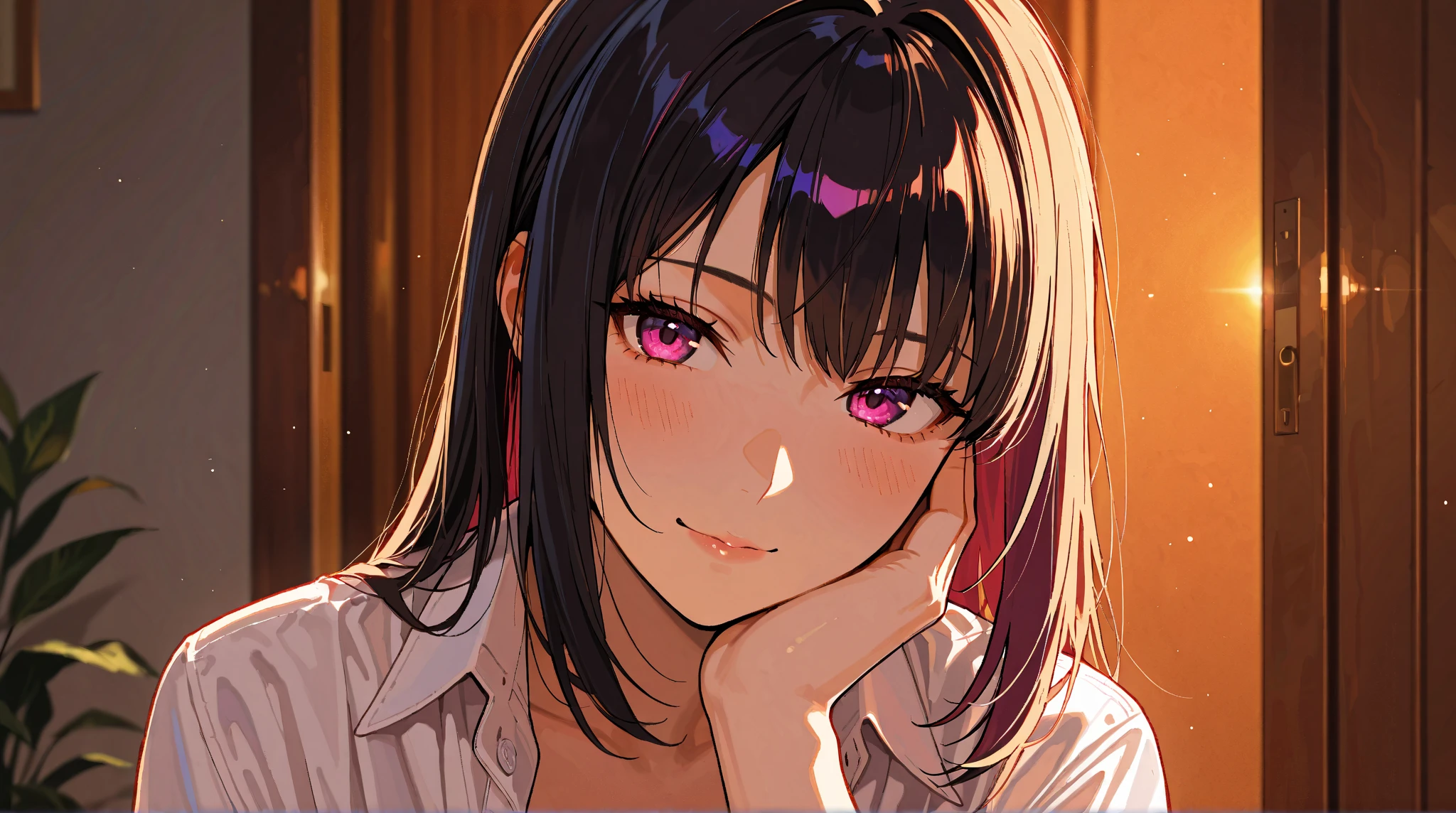 masterpiece, (pink kimono), seductive face, good lighting, low-cut, small details, masterpiece, glowing eyes, 1girl, black hair, on face, Nezuko Kamado, wisteria background, masterpiece, best quality, POV, different poses
