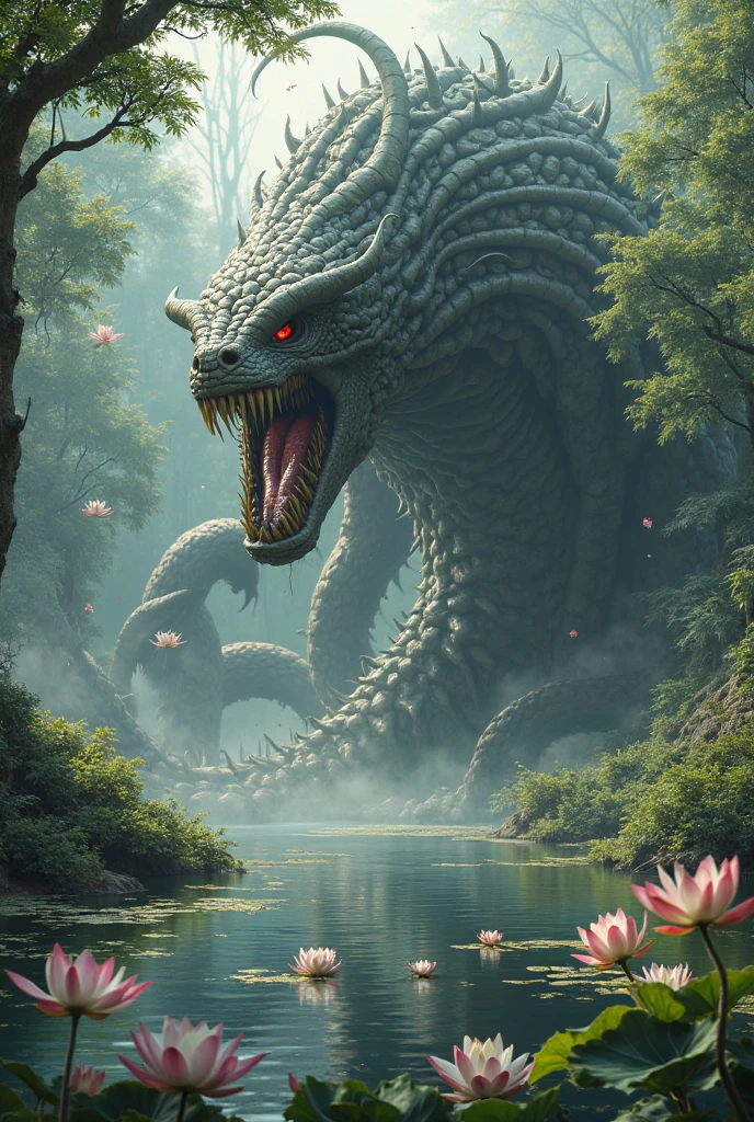 masterpiece, Superior image quality, High resolution, 4k image,photo and gross, photorealistic, view from below, giant snake, emerging from a lake, at night, atmosphere, fog
