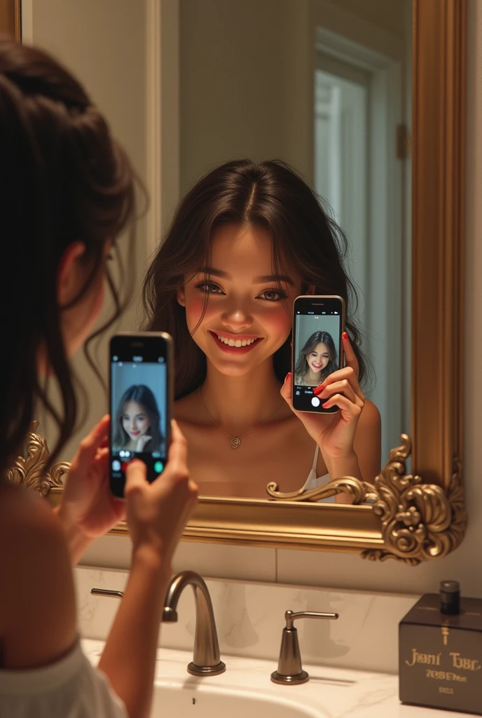 There is a woman taking a selfie in a bathroom, A painting inspired by Maria Helena Vieira da Silva, Instagram, tachisme, Brazilian mother of 3 and 5 years., looks like a Christmas fairy tale, 30 year old woman, 3 0 year old woman, around 3 , 30 year old Cuban woman., 3 0 year old woman
