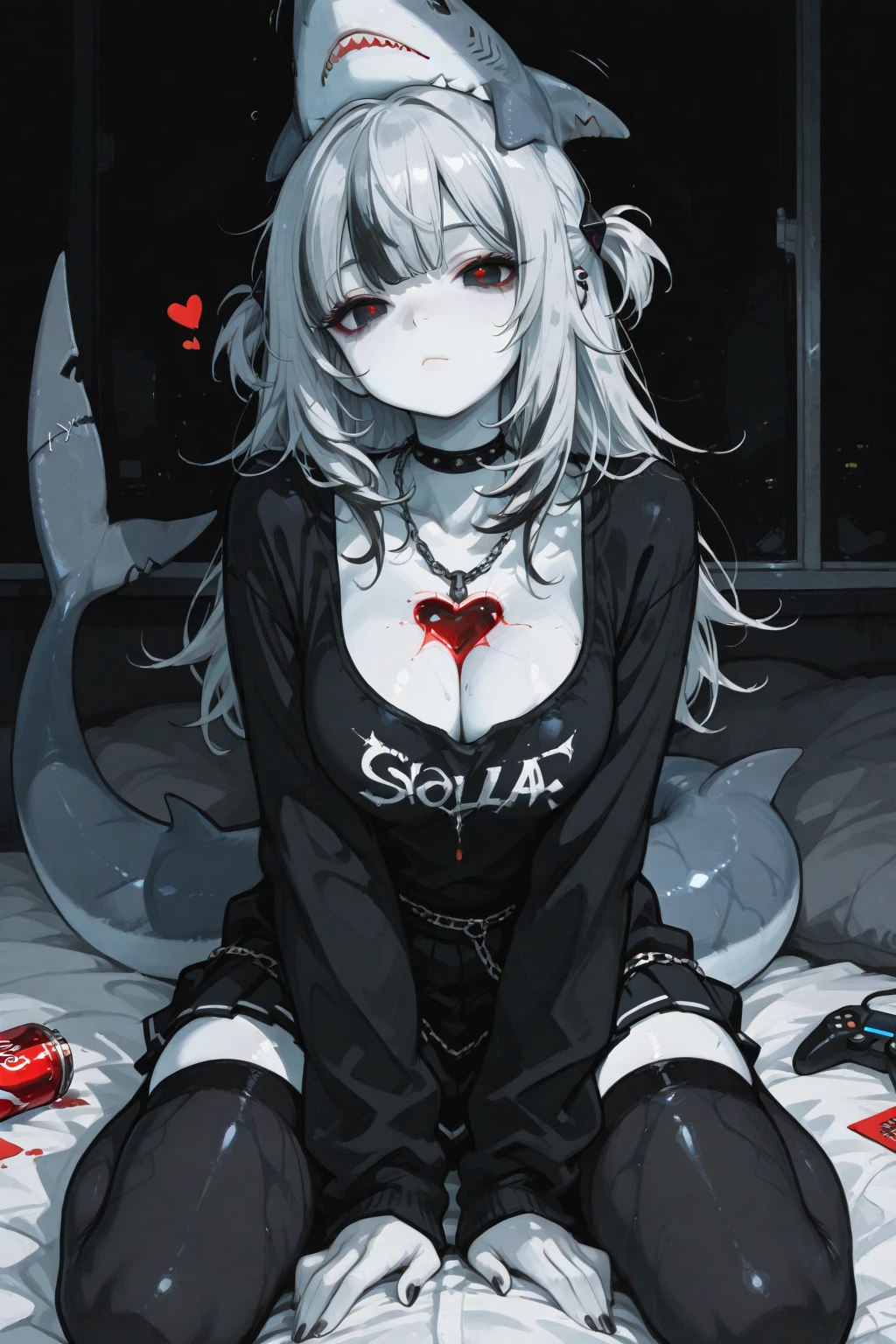 Girl with long hair and bangs with white eyes, clown-painted face, oversized t-shirt, white legs with black fishnet stockings and boots, Blackout full black neck tattoo