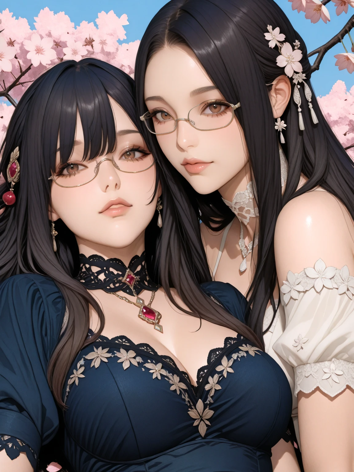 Two female couples dressed as elves hug and kiss, breasts, Multiple girls, Dress, Black hair, 2girls, cleavage, Looking at Viewer, Long hair, Glasses, White Dress, flower, Purple eyes, Open mouth, earrings, gloves, breast press, Jewelry, medium breasts, Bangs, Pink Rose, White Gloves, Rose, pink flowers