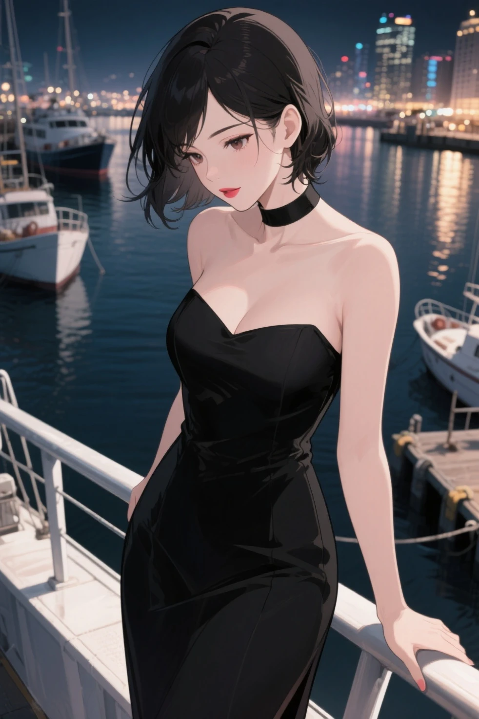 gine, 1 girl, sunlight, solo, closed, blue sky, black hair, black eyes, city, bare shoulders, medium breast, collarbone, cowboy shot, short hair, looking at viewer, smile, looking at viewer, spiked hair, strapless black tube dress, necklace, pier, docks, left hand on hips, standing up, black high heels