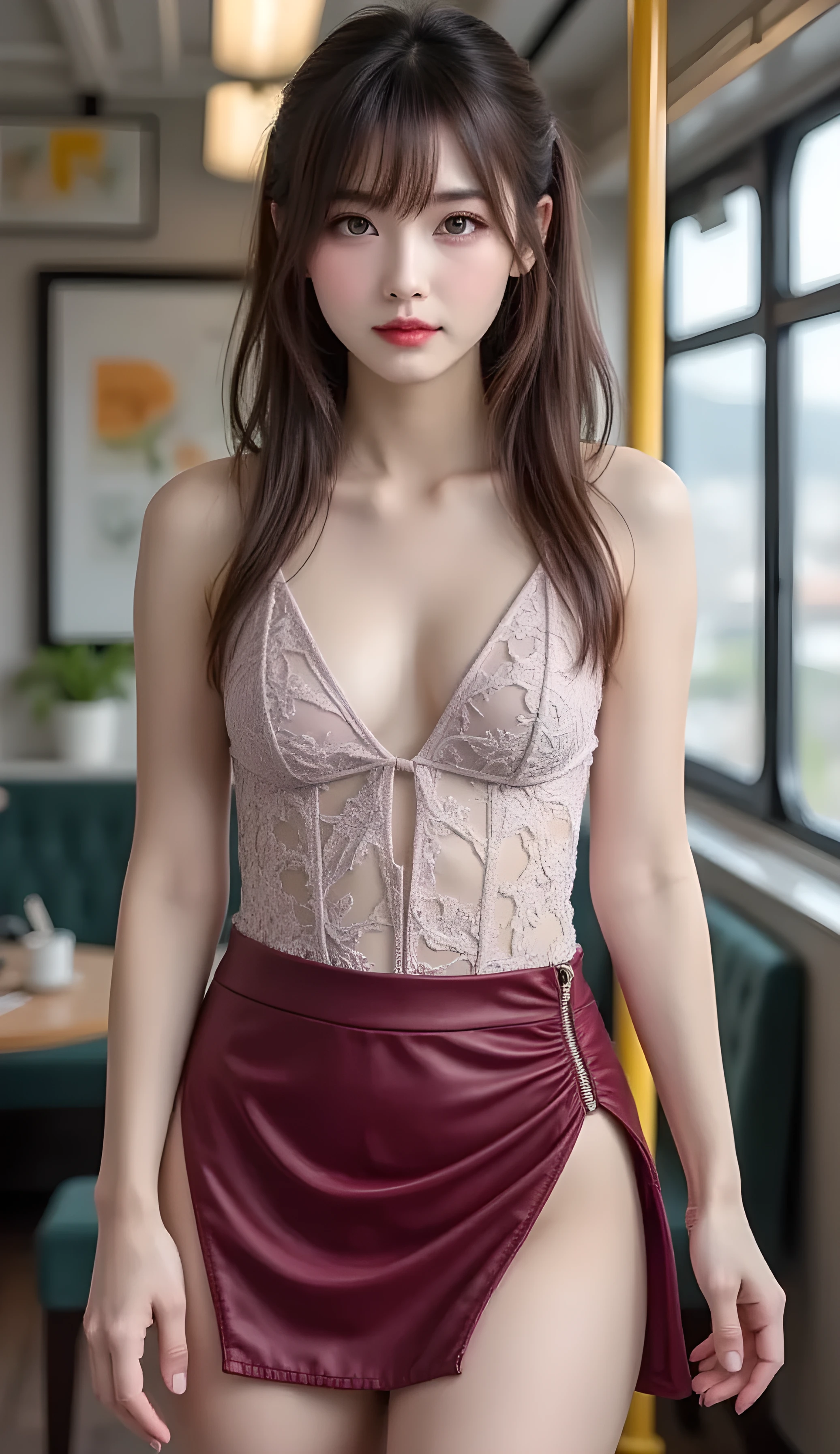 Super Detaileded、 masterpiece、top quality、 超high resolution 、8k、 high resolution 、live-action、Photographic Clarity、 Detailed eyes、 Gradient、 Perfect Body Proportions , hard disk、nfsw , Nikon Z9 80mm Lens 、 masterpiece、(((Full body image)))、(((頭の上fromつま先まで)))、 Beautiful female teacher, knees20Burgundy tight miniskirt and big thigh slits、with a zipper on the front、20 years old、 Walk down the hallway 、(( White floral dress with open shoulders )), young and beautiful girl, Perfect Body type, Perfect Body type, Full POV, Perfect Body, (from:1.3), ( Sexy Poses),(Smile)(Wearing pantyhose, realistic pantyhose)、( beautiful breasts:1.0), Long Sexy Legs , (Gap:1.5), cute korean girl , kpop idol,( white skin on the streetcar), ( big eyes)、 Super Detailed , realistic skin texture, precise makeup, beautiful detail eye, Makeup - Make Up 、sparkling eyes、 shiny lips、 high heels、( office lady),(the skyscraper outside the window is hazy),(( erections))、(((Full body imageを映してください)))