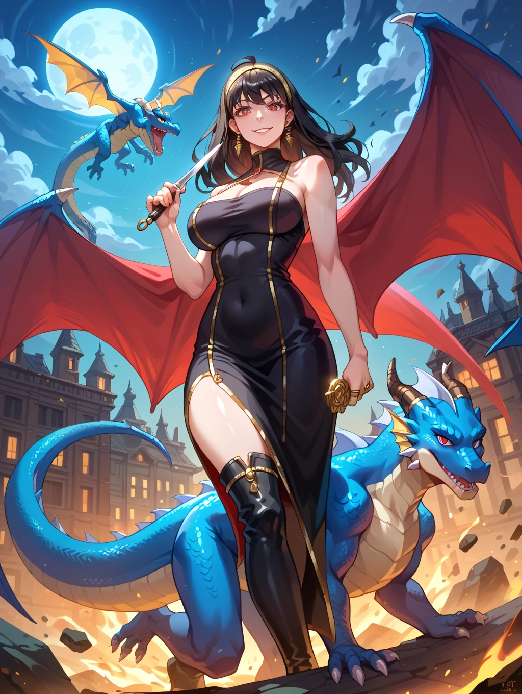 woman in evening dress,((((accompanied by a baby pet dragon:1.3)))),(((1woman))),((beautiful woman)),woman,1female,((milf,mom,mature,mature woman,45 years old female,adult)),
(large breasts:1.4),saggy breasts,(((black hair:1.4,hi-top fade Haircut:1.4,hi-top fade:1.3,Mohawk))),(((blue_eyes:1.3))),intricate eyes,beautiful detailed eyes,symmetrical eyes,((fat)),(((lustrous skin:1.5,bright skin: 1.5,skin tanned,shiny skin,very shiny skin,shiny body,plastic glitter skin,exaggerated shiny skin,illuminated skin,wet legs))),(spider lower abdomen,narrow waist,wide hip,imbo body,inflated legs,detailed body,(detailed face)),
cute,slutty,seductive,erotic,(((nsfw))),evil woman, villain, ambitious look,
strapless draped long dress,metallic blue dress,(((deep neckline,cleavage))),((wet clothes,intricate outfit,intricate clothes,ornate outfit,ornate clothes,embroidered outfit,embroidered clothes)),
(dynamic pose:1.0),solo focus,((smug)),(centered,scale to fit dimensions,Rule of thirds),
cyberpunk city by the ocean at night, with bright neon signs and dark stormy clouds and puddles, scenery:1.25,
highres, sharp focus, (ultra detailed, extremely detailed), (photorealistic artwork:1.37),(extremely detailed CG unity 8k wallpaper),((synthwave background theme)),(((vibrant colors))),(intricate background),(masterpiece),(best quality),