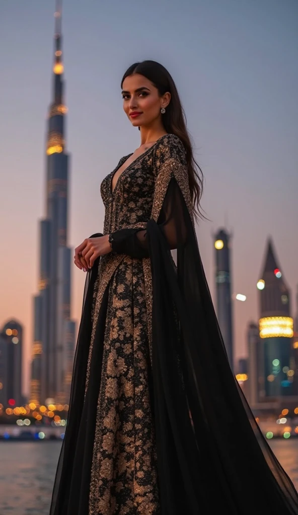 masterpiece, Best Quality, Photorealistic, Ultra-detailed, finedetail, hight resolution, 8k Wallpapers, 1 beautiful woman, face of actress pooja hegde, maroon kurta shalwar, at burj khalifa, at night, light brown hair, Perfect dynamic composition, Beautiful detailed eyes