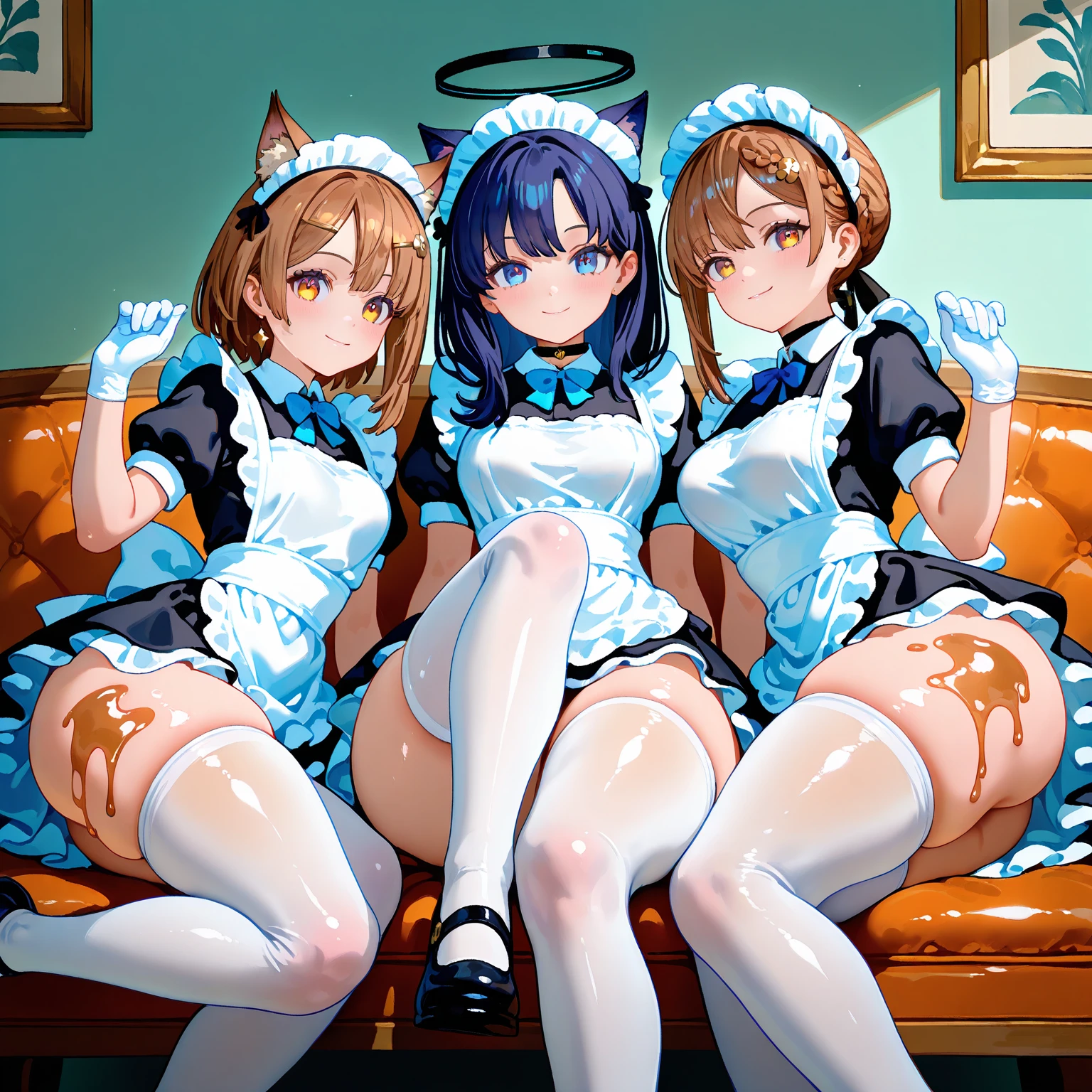 A male tall teenager Wolf hybrid cat with Orange fur with blue colour eyes, wear maid clothes with the skirt lift up showing underwear and he begging to stop with tail being hold tight and pull by hand, body trembling and Satisfied with small cock are have fuck threesome in public 