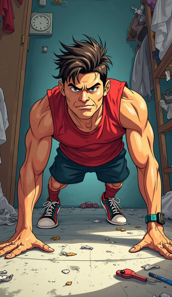muscular boxer in boxing arena taking selfie, man, man, man, man, photorealistic, detailed muscular body, sweat, detailed facial features, intense expression, boxing gloves, ring ropes, spotlights, epic dramatic lighting, cinematic shot, hyperrealistic, 8k, highly detailed