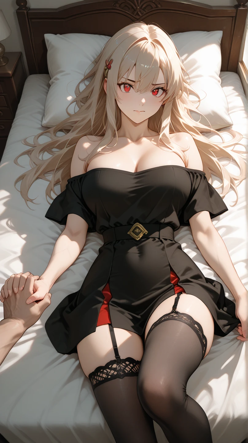 masterpiece, highest quality, High resolution, kitagawa marin sb, From above, 1 girl, blonde, Long Hair, Colorful Hair, Red eyes, jewelry, Earrings, Earrings, bra, lace black panties,(Showing panties:1.3), (Spread your legs), Sexy pose, bewitching pose, (Lying in bed:1.5), (put your hand inside your panties), Sweat, blush, closed eyes, Open your mouth, (((excessive pussy juice))), Her Room