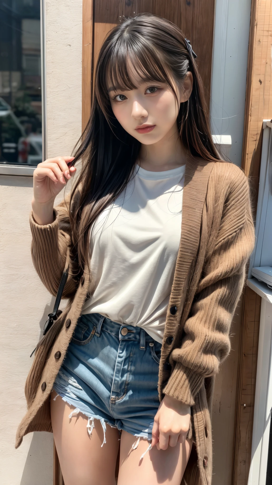 8K, 16K, absurdres, masterpiece, best quality, ultra detailed, insanely detailed, a girl, smiling, looking at viewer, long hair, medium hair, brown hair, droopy eyes, tareme, detailed skin, shiny skin, detailed face, glamorous, voluptuous, beautiful breasts, beautiful ass, (t-shirt, shorts, cardigan:1.3), delicate facial features, japanese idol, 20-year-old, japanese, with a table, in the cafe, ultra realistic photo, photorealistic, raw photo, dynamic angle, front view, cowboy shot, depth of field, practical lighting, sharpen
