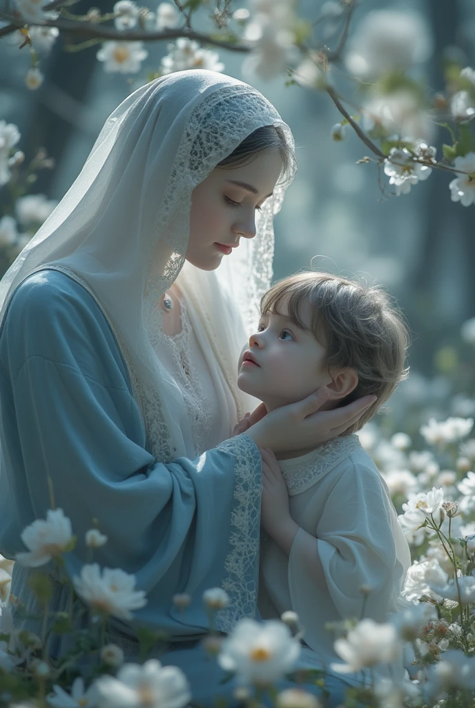 Hijabic beautiful Girl at garden in White dress
With son