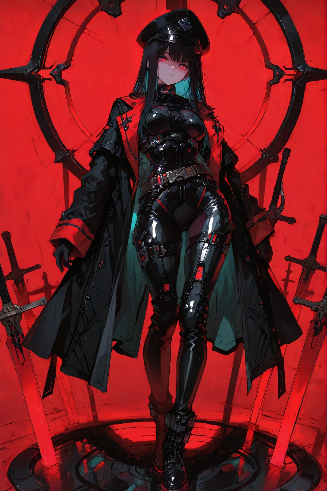 (Unbelievable high resolution ,masterpiece, ultra-detailed, 8K, high quality anime art, dramatic lighting, cinematic shadow , full body), a tall and sexy female character (height 173 cm), confident and mysterious expression, long black hair , turquoise colored inner hair , glowing red eyes, D-cup bust, wearing a glossy black military-style bodysuit with leather belts, metal ornaments, and a peaked officer cap, futuristic gothic design, dark coat with red accents and symbols, standing against a vivid red background. The lighting is high-contrast and dramatic, with reflective surfaces on the suit emphasizing curves and armor texture. Stylish pose, slightly tilting her cap, radiating authority and allure.