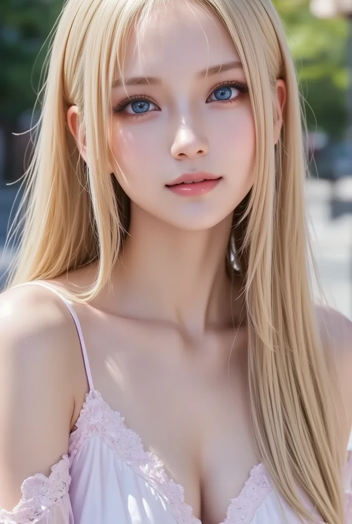 True Photo Quality、Extraordinary sexy beauty、Beautiful calm and bright expression、Sexy refreshing look、Long bangs that fall on a perfect beautiful cute face、Super long platinum blonde straight silky hair、blonde on a beautiful face、Very cute beautiful sexy young little woman、Very perfect beautiful cute face、Beautiful bright sky blue eyes、Very big eyes、Hair above the eyes、片Hair above the eyes、Hair between the eyes、Very radiant white skin、Cheek gloss