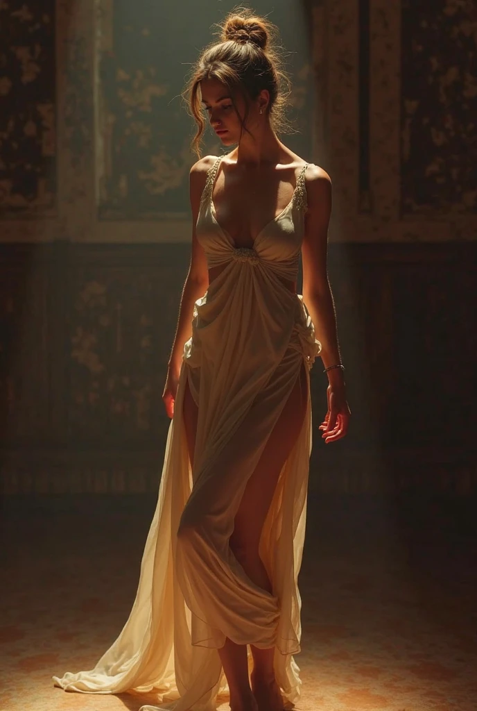 fot, taken from a distance seen full length, Female model, She is very young, plein-air, in a ballroom, sexy short dress, medium hips, Caucasian skin, sad for a lost love, long brown hair, a softened wry smile - contained excitement, Soft lighting on your face, realistic skin-clothes-hair textures, sky blue eyes carpeted mist, beautiful real textures and delicate aesthetics, full body view, dancing in the hall, notable for natural feminine beauty, noise, 8 k quality, FOTO RAW, by professional photographer, rule of thirds, Extremely Detailed