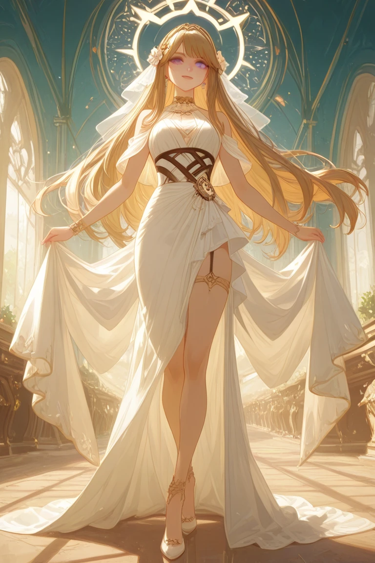 Best image quality, Excellent details, Ultra-high resolution, Best illustrations, Favorite Details, Very condensed one girl, Delicate and beautiful features, Woman with long blonde hair and large breasts in a dress, Trampling on people, from below,from behind, back of head,full body,from below