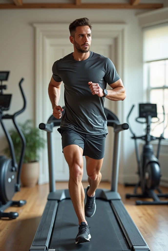 man in the gym, wearing a gray T-shirt and gray sweatpants, smiling, blonde hair, beard, exercise equipment in the background, large window with natural light.