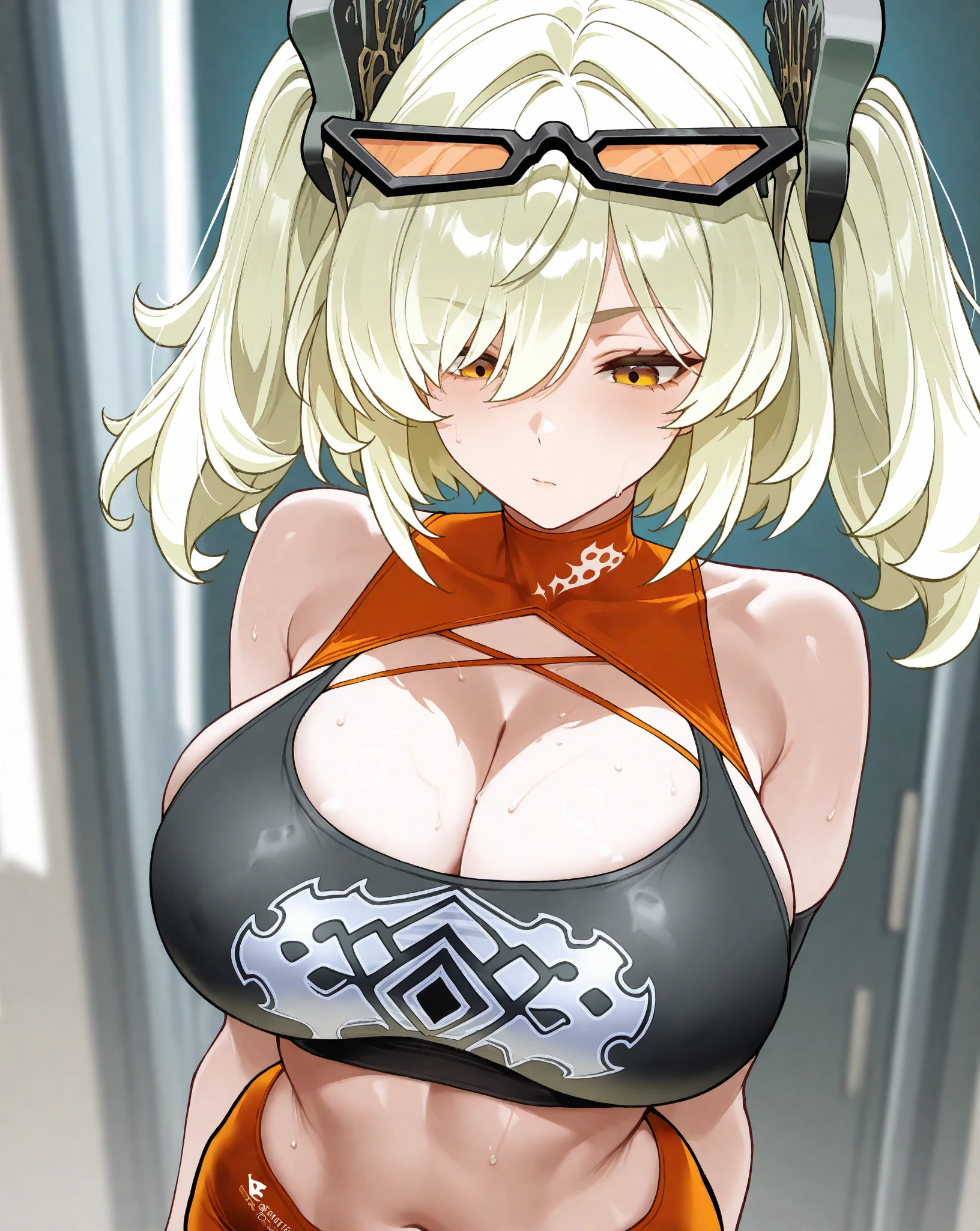 (((Masterpiece, ultra-high definition, ultra-high quality 8K quality))), Anime, a beautiful girl, small and cute face, slender and well-proportioned body, (((silver short hair, lightly wavy hair))), (((clear and beautiful red eyes, eyes with highlights, very long eyelashes))), cute smile, (((very large breasts, a slim waist, a sexy butt))), (((orange colored tube top))), (((Orange colored thong))), (((white colored Short Length Jacket))), (((super white colored micro mini skirt))), big and cute earrings, stylish necklace,  bangle, ring, stylish fashion town background

