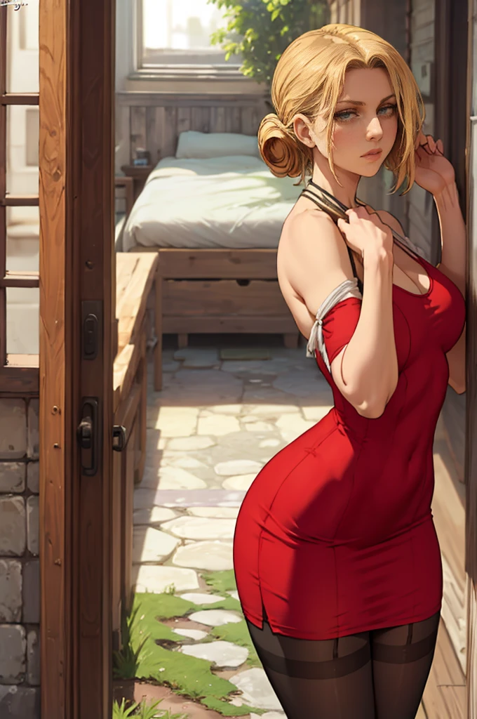 blonde girl walking through a garden at night. The shot shows his back. She wears an elegant red dress. Booty