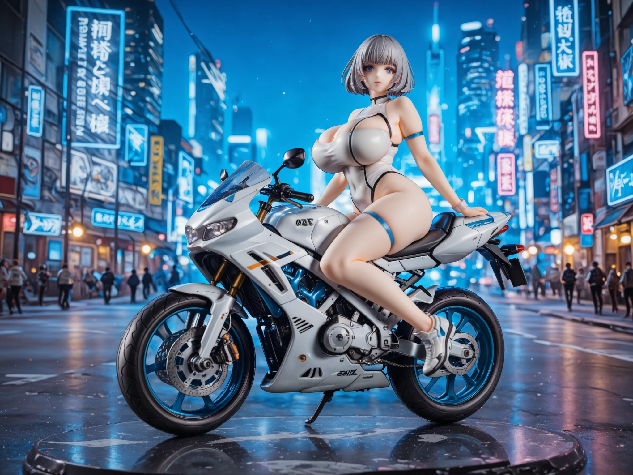 score_9, score_8_up, score_7_up, rating_safe, source_photo, realistic eye, realistic, photorealistic, Photograph, ultra photo-realistic, 8k uhd, highres, extremely detailed, cinematic lighting, masterpiece, best quality, ultra high res,(photo realistic:1.4),full body shot,beautiful woman , futuristic soldier, gal,makeup, Long eyelashes, eyeshadow, grey hair, short bob hair, a white futuristic leotard with blue
light , riding a super futuristic motorcycle, gigantic breasts, plump, curved, Futuristic cyberpunk city with blue neon lights