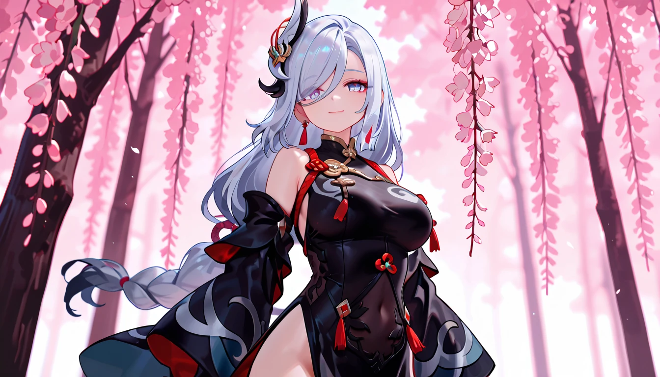 masterpiece, Best Quality, high_resolution, Fine Detail, Very Detailed and Beautiful, distinct_image, 1个女孩, Solo, ,Silver Hair,Front Facing, Red Eyes, (Huge), (),Miniskirt,ThighHigh, Curvaceous,Torii,Sakura