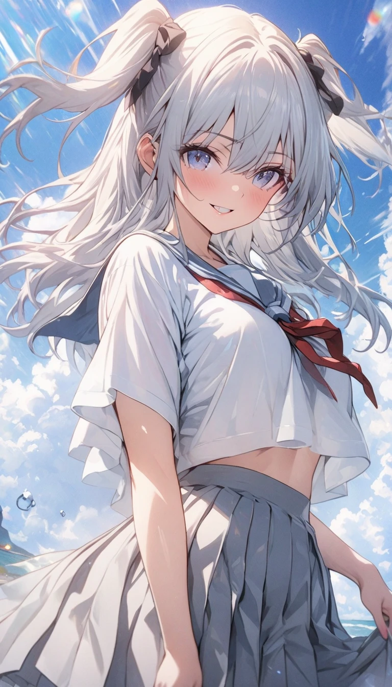 Nipples faintly visible through pure white clothing,Small Bust,mini skirt,White panties