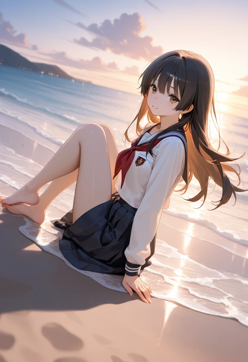 A girl on the beach wears a sailor suit，white stockings，adolable，drenched clothes，shyexpression