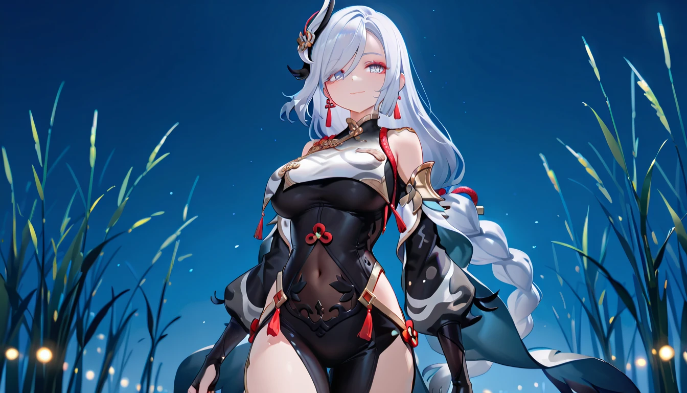1girl, solo, long hair, looking at
viewer, silver hair closed smile,
closed mouth, smirk, blush, blue
eyes, silver hair seductive, wearing a
bodysuit, leotard, hair ornament,
exposed shoulders, cleavage, busty,
outside by lake, trees in background,
lake in background, dark night sky,
night, nighttime, sitting, looking at
viewer, leaves falling from, trees,
nature, excellent quality, ultra high
quality, high quality, high
resolution,8k, uhd, ultra detail,
detailed, extreme detail, (extremely
detailed face:1.2), detailed eyes,
extremely detailed eyes,( perfect
face,:1.4) (perfect eyes:1.1), beautiful
eyes, (gorgeous eyes:1.1) (realistic
eyes:0.9), masterpiece, portrait,
ShenheV4, shenhe, shenhe genshin
impact