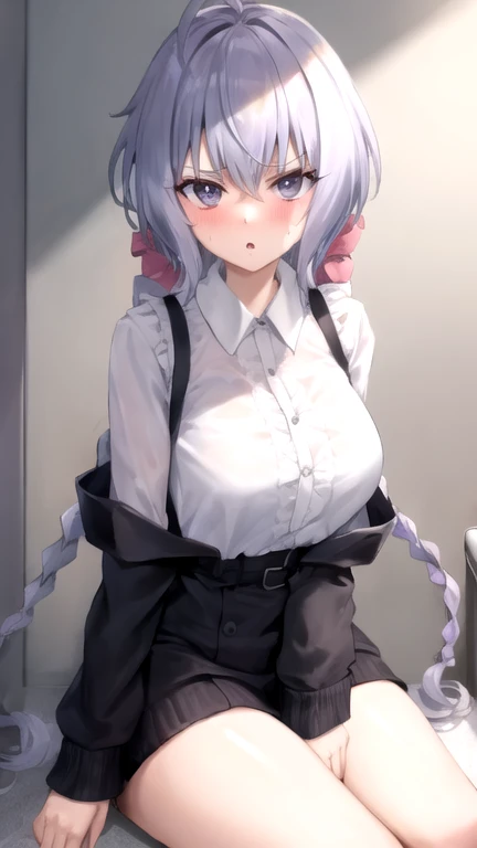 Perfect human body、1 girl、A couple、heterosexuality、 ????, ((actual, On the table)), (very highly detailed background、In front of the apartment),  Oversized white T-shirt、mini-skirts、鎖骨, ((woman with fever)), ((perspiring,steamy))), 、皮革mini-skirtearful expression)), (face flushed), looking at viewert,