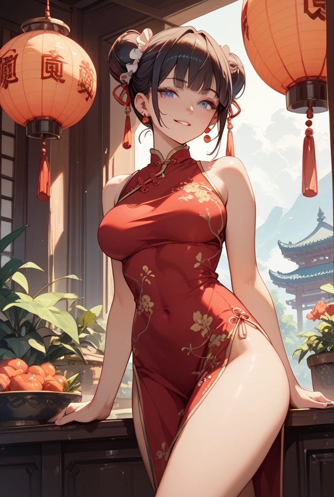 a beautiful woman, City,(Standard red silk cheongsam), (flower buns), (gold embroidery thread), (Such), Outdoor Chinese restaurant, Open your mouth and smile, ((black hair)), Little blush, side, (Chest), Reflex hip,Big breasts