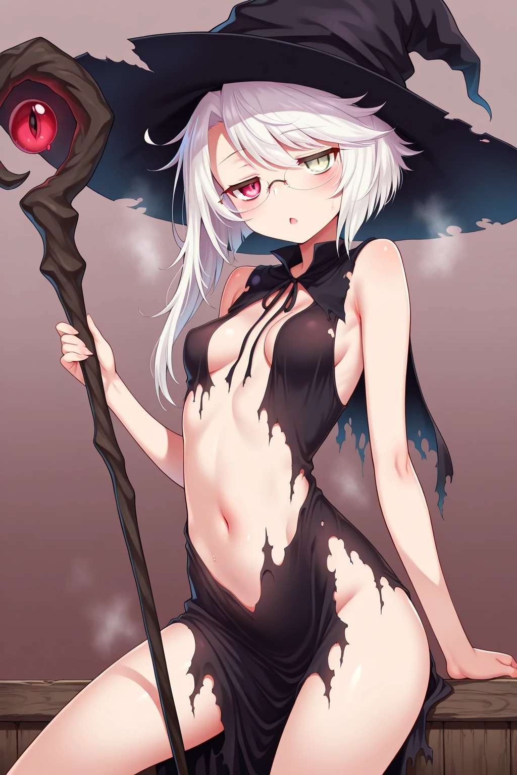 girl, short hair, white hair, light green eyes, violet witch hat, in underwear, big breasts, white bra, black panties, staring, blushing, black background,