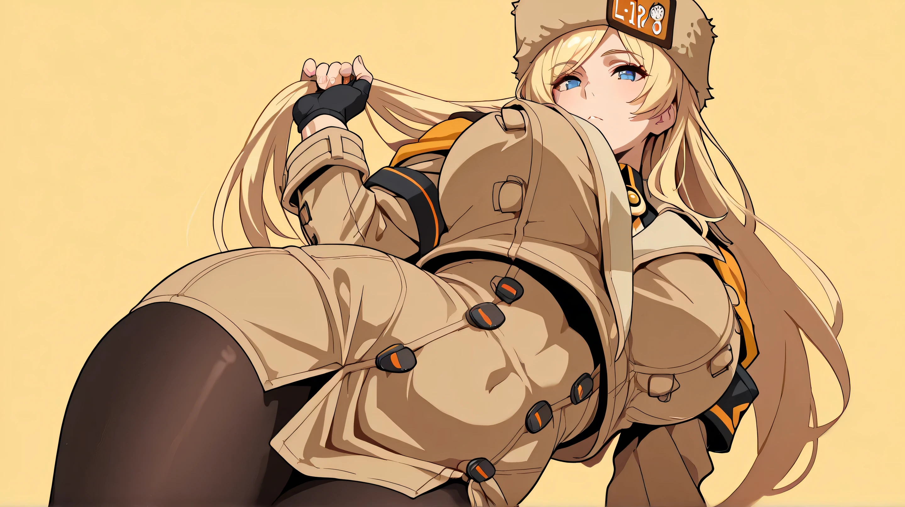 ,Anime Coloring, (anime screen capture)、masterpiece, detailed face,detailed eye,、鳥観図、カウボーイショット、 gold background、simple background、,front light、、looking at viewer、 having hair 、、、、solo,masterpiece, top quality,Gigantic breasts,,big thighs、front、masterpiece、Best Quality、strivemilrg, long hair, blonde hair, blue eyes,
brown headwear, fur hat, ushanka, license plate, brown coat, buttons, long sleeves, black armband, black gloves, fingerless gloves, black shirt, collared shirt, black pantyhose,,,,,low angle、masterpiece, detailed face,detailed eye,1 girl、crouchingpose、,赤面