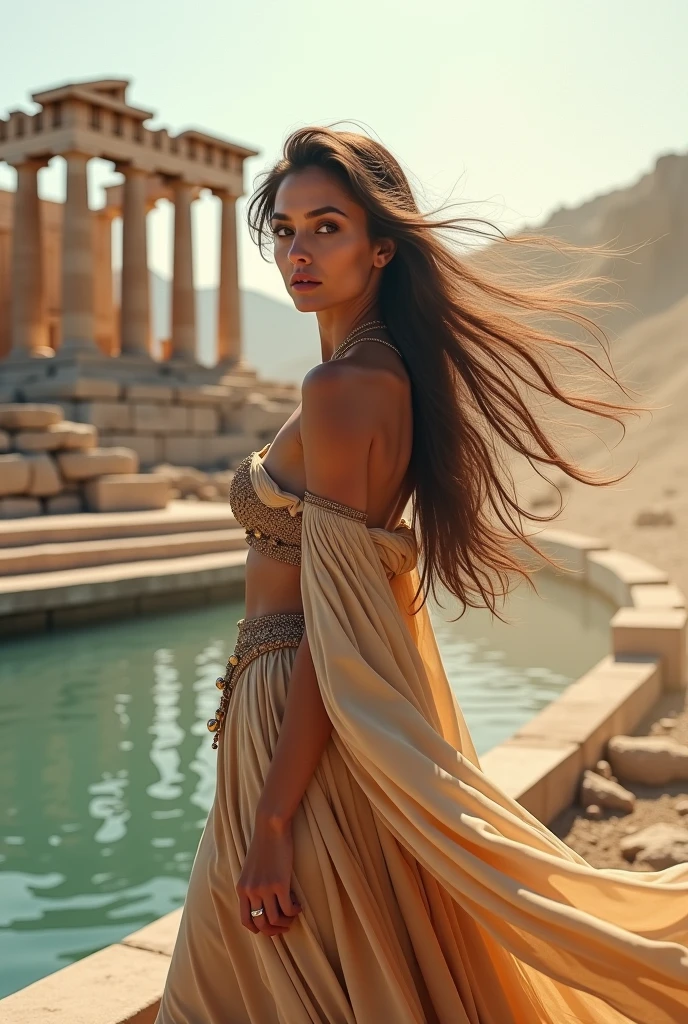 front view of a beautiful woman in ancient Egypt dress, golden belt over dress, she have normal hips, she have nude lower part hips, image of a woman with her knees captured in the frame, her beautiful proporcional eyes, on her head is ancient Egypt women's headdress, jungle and Nile river of ancient Egypt panorama background