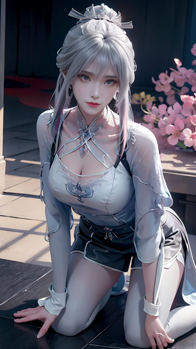 Masterpiece, (Photorealistic:1.5), Best quality, Beautiful lighting, Real life, Ganyu \(Genshin Impact\), 1girll, ahoge, architecture, bangs, Bare shoulders, bell, Black gloves, Black pantyhose, (Blue hair), Blush, Breasts, Chinese knot, Detached sleeves, east asian architecture, flower knot, mitts, Horns, Long hair, view the viewer, Medium breasts, Neckbells, Night, Outdoors, Pantyhose, Purple eyes, side locks, Solo, nipple tassels, White sleeves, (Ulzzang-6500:0.5) , Intricate, High detail, Sharp focus, Dramatic, Beautiful girl , (RAW photo, 8K  UHD, filmgrain), Caustics, Subsurface scattering, Pondering ,