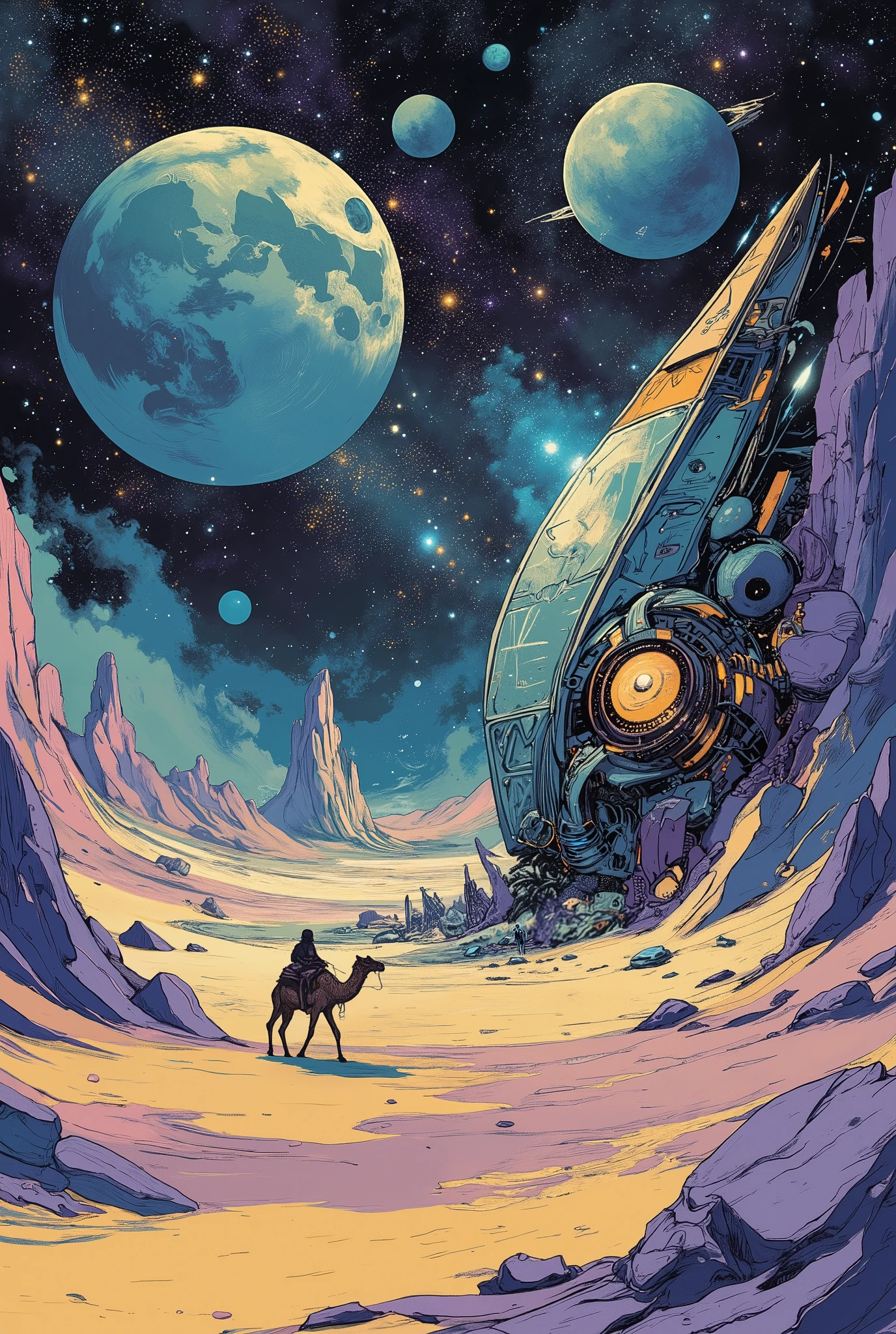 a lone camel walking across an alien desert with surreal-colored sand in shades of violet, teal, and gold, under a massive star-filled sky with twin moons and swirling nebulae, half-buried in the sand is a strange, ancient alien machine with glowing geometric patterns, curved metallic surfaces and faint energy pulses, the atmosphere is dreamlike and still, with strange rock formations and foreign constellations in the sky, highly detailed cinematic sci-fi illustration, surreal and otherworldly, soft lighting