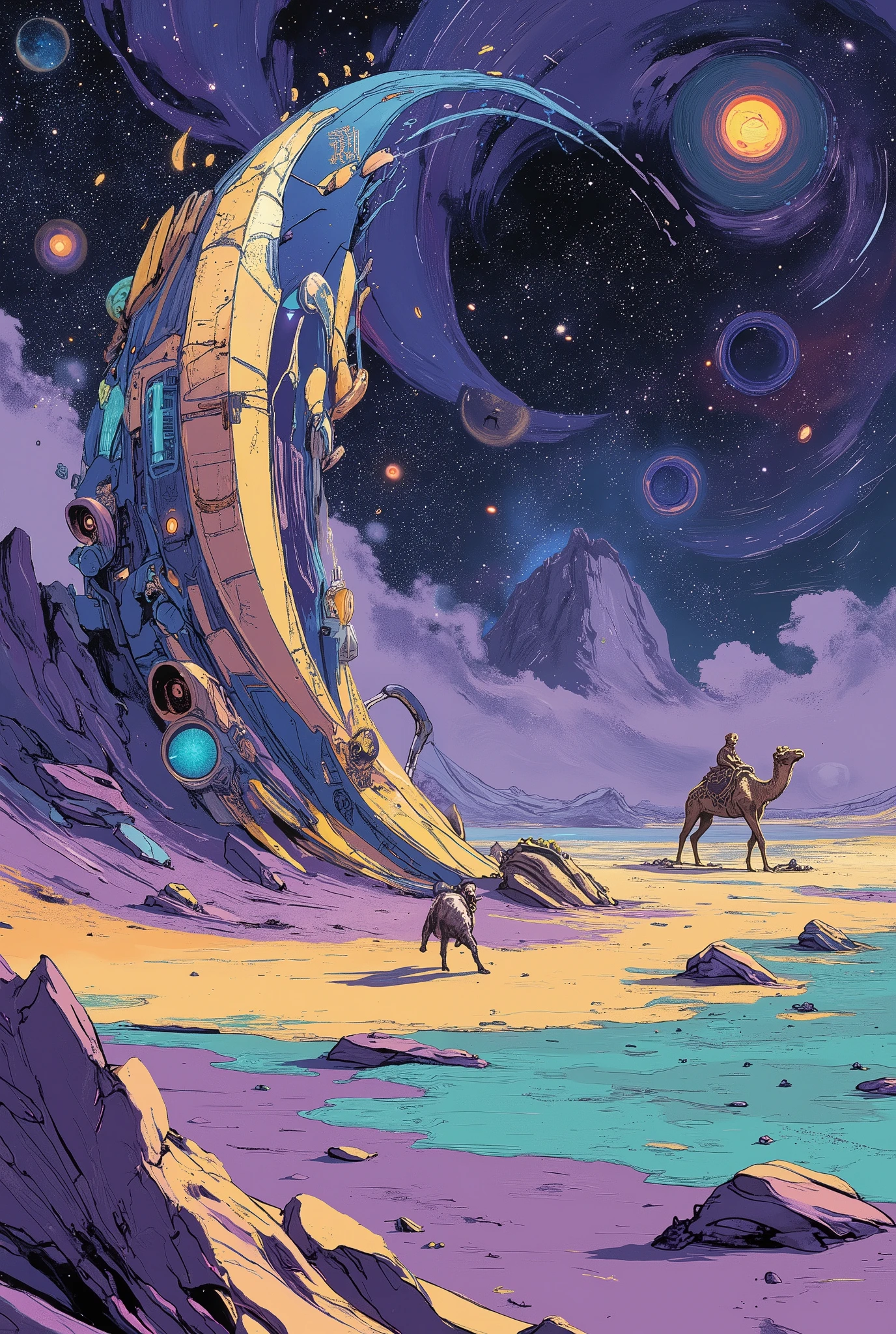 a lone camel walking across an alien desert with surreal-colored sand in shades of violet, teal, and gold, under a massive star-filled sky with twin moons and swirling nebulae, half-buried in the sand is a strange, ancient alien machine with glowing geometric patterns, curved metallic surfaces and faint energy pulses, the atmosphere is dreamlike and still, with strange rock formations and foreign constellations in the sky, highly detailed cinematic sci-fi illustration, surreal and otherworldly, soft lighting