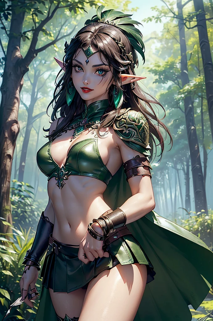 photorealistic, a high resolution, 2 beautiful female elf warriors, long braided black hair, (wear elven baroque armor), battle-worn, magic, short elf skirt, short top, smiling, fantasy, dynamic pose, background of castle ruins in the forest, gray body skin, bronze body skin, fire magic, Wind magic, dramatic, Chromatic aberration.