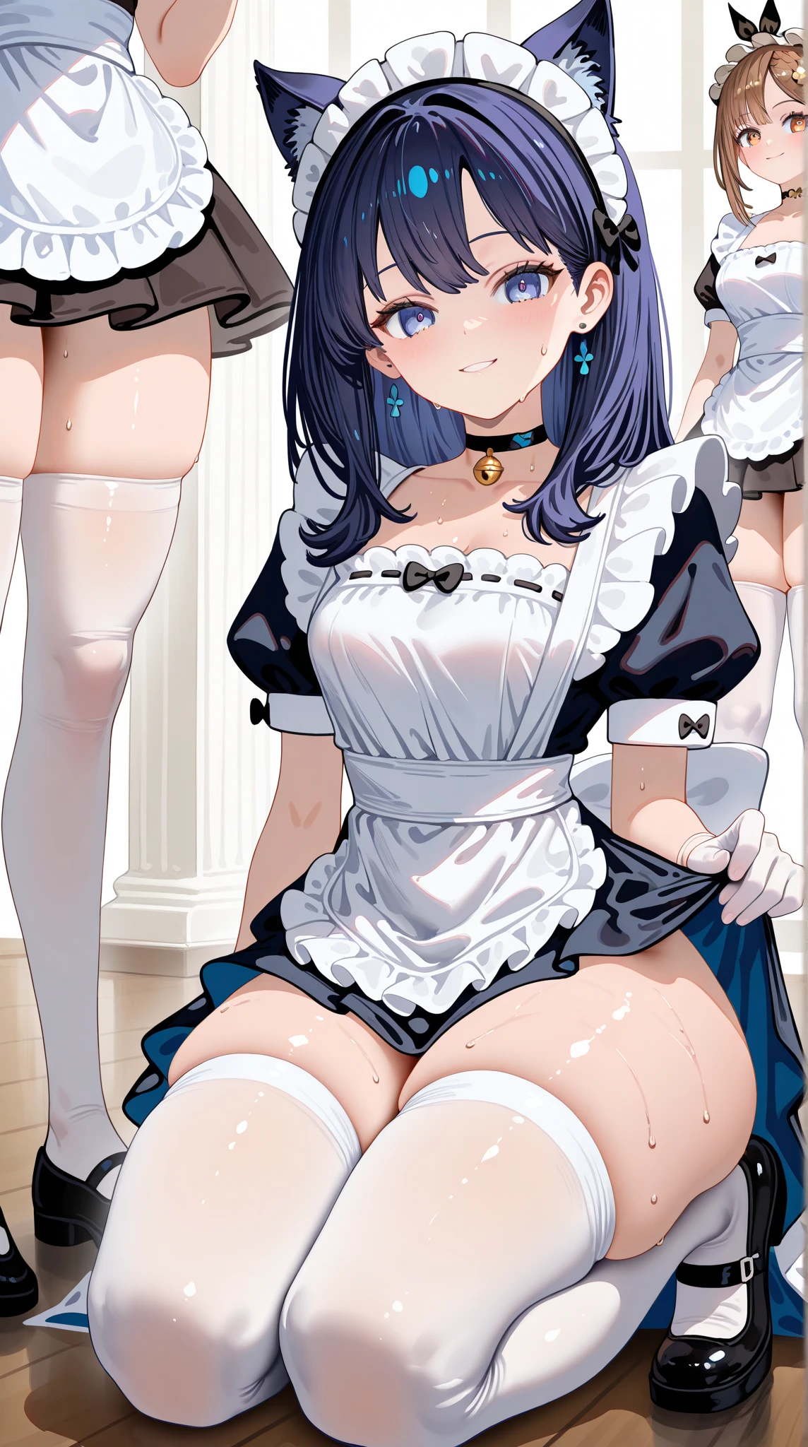 NSFW,Black Wedding Dresses,mini skirt,garter belt,wedding gloves,A frustrated look,A man pushes me to the floor and opens my legs.,attacked by a man,sex,Church at night with moonlight shining in