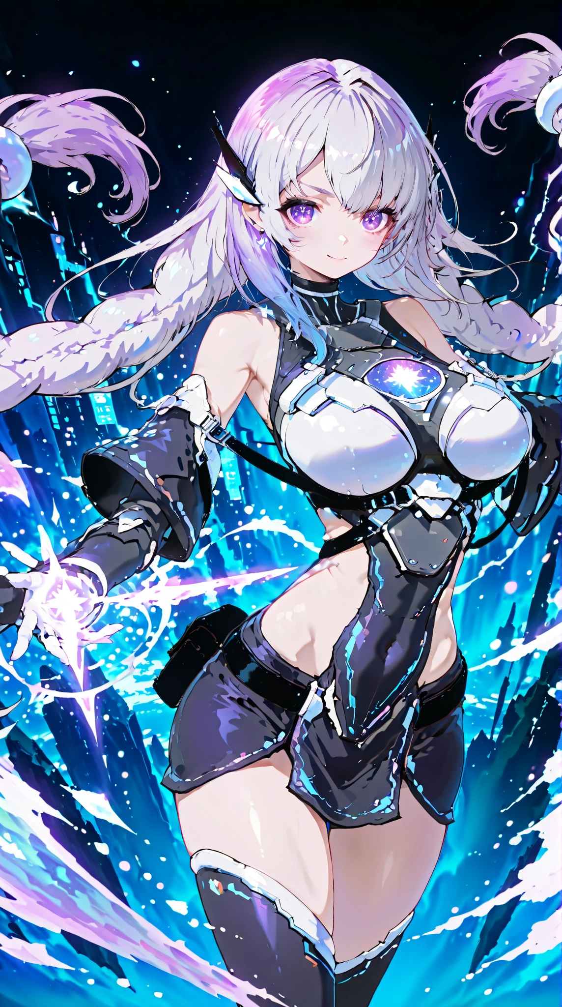 armor, leotard, shoulder armor, cleavage cutout, leotard, breastplate, gauntlet, thig high boots, detachable collar, large breasts, cleavage, long hair, white hair, yellow eyes, beautiful, horn on side head, masterpiece, masterwork, super fine illustration, ultra detailed, cg unity 8k wallpaper, perfect eyes, ultra detailed beautiful face, smile,